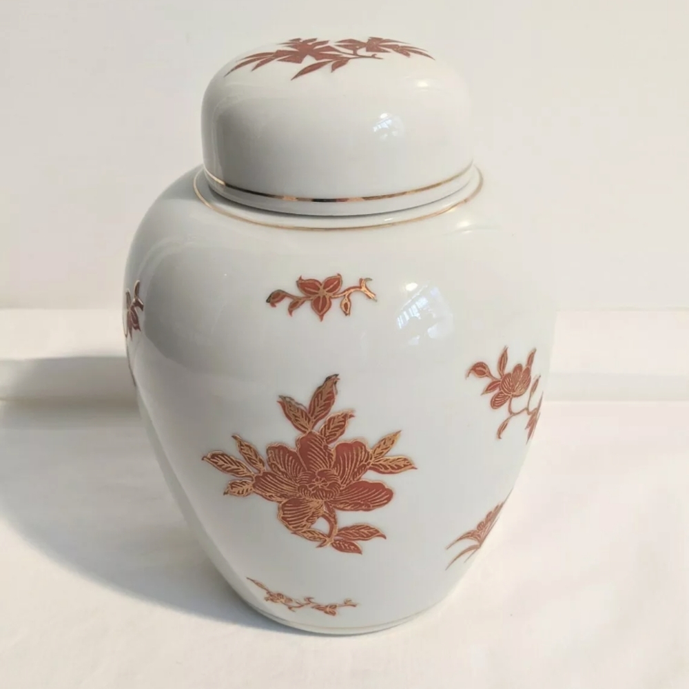 Vintage Red Leaf & Gold Asian Ceramic Ginger Jar